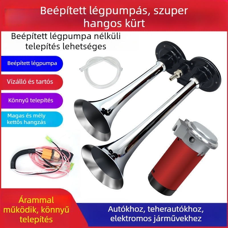 Légkürt teherautókhoz és tengeri járművekhez, 12/24V, nagy hangerő, légpumpával