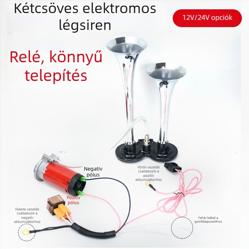 Légkürt teherautókhoz és tengeri járművekhez, 12/24V, nagy hangerő, légpumpával