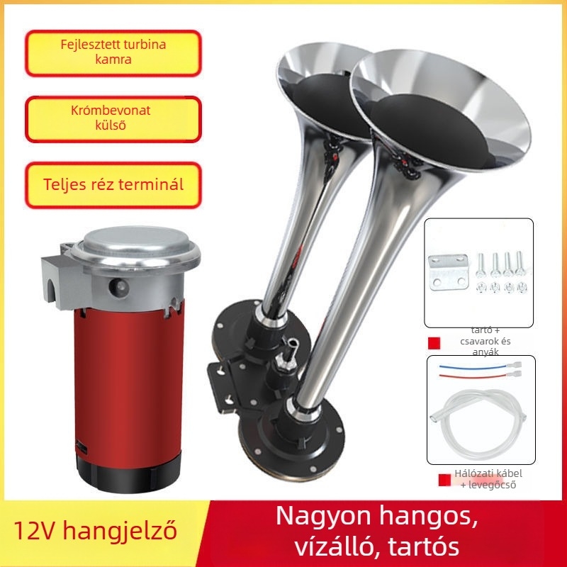 Légkürt teherautókhoz és tengeri járművekhez, 12/24V, nagy hangerő, légpumpával