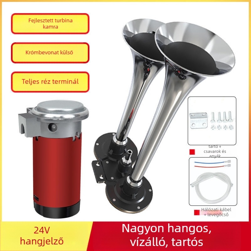 Légkürt teherautókhoz és tengeri járművekhez, 12/24V, nagy hangerő, légpumpával