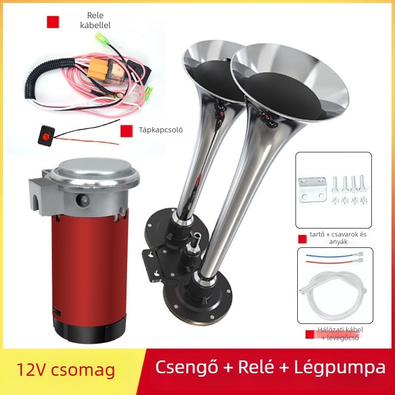 Légkürt teherautókhoz és tengeri járművekhez, 12/24V, nagy hangerő, légpumpával