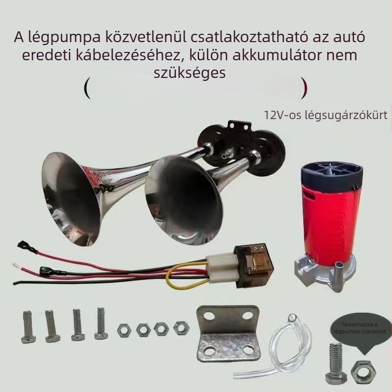 Légkürt teherautókhoz és tengeri járművekhez, 12/24V, nagy hangerő, légpumpával