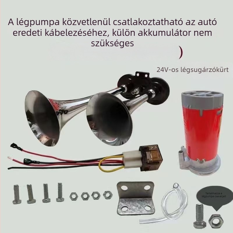 Légkürt teherautókhoz és tengeri járművekhez, 12/24V, nagy hangerő, légpumpával