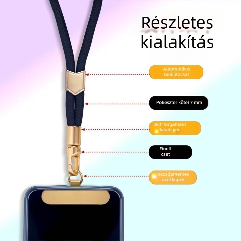 Telefonnyakpánt – állítható hosszúság; poliészter; fém csat; uniszex stílus; testreszabás: igen (logónyomtatás)