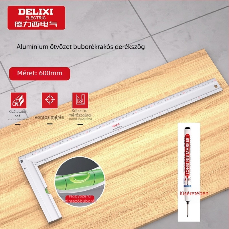 Delixi Electric Teljesen alumíniumból készült derékszögű vonalzó, 90°, vastított, többfunkciós, kiváló precizitás faipari használatra