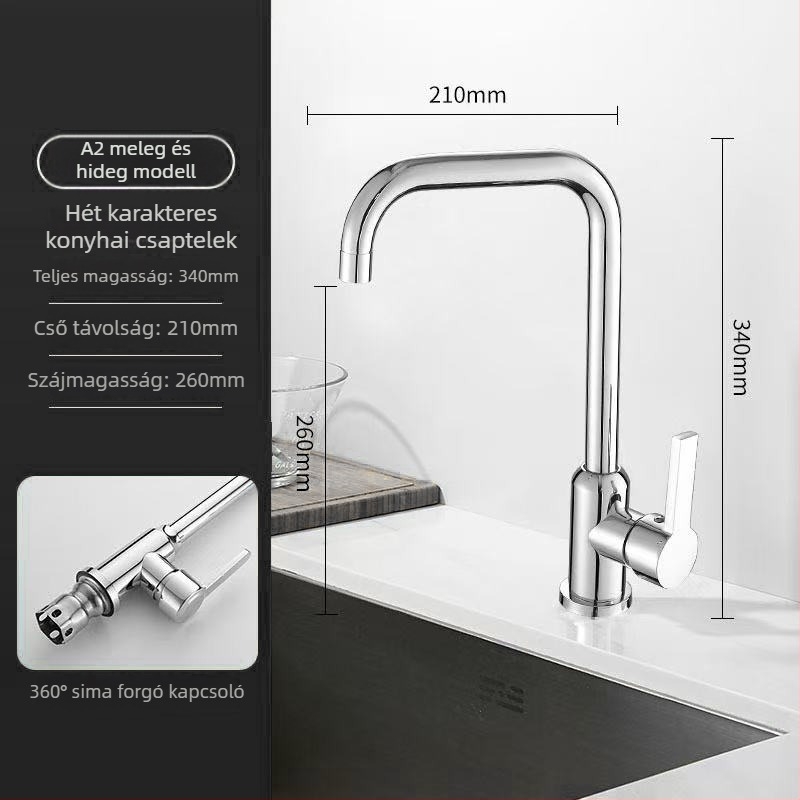 Rozsdamentes acél konyhai mosogató-keverőcsap, kerámia szeleppel, 32 mm ülésátmérő, 4 mm bemeneti/kimeneti cső, modell S5-1