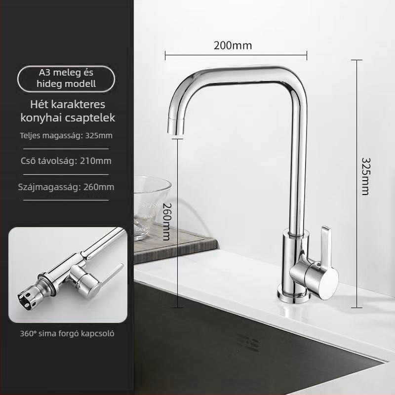 Rozsdamentes acél konyhai mosogató-keverőcsap, kerámia szeleppel, 32 mm ülésátmérő, 4 mm bemeneti/kimeneti cső, modell S5-1