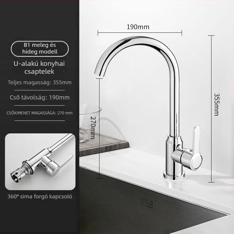 Rozsdamentes acél konyhai mosogató-keverőcsap, kerámia szeleppel, 32 mm ülésátmérő, 4 mm bemeneti/kimeneti cső, modell S5-1