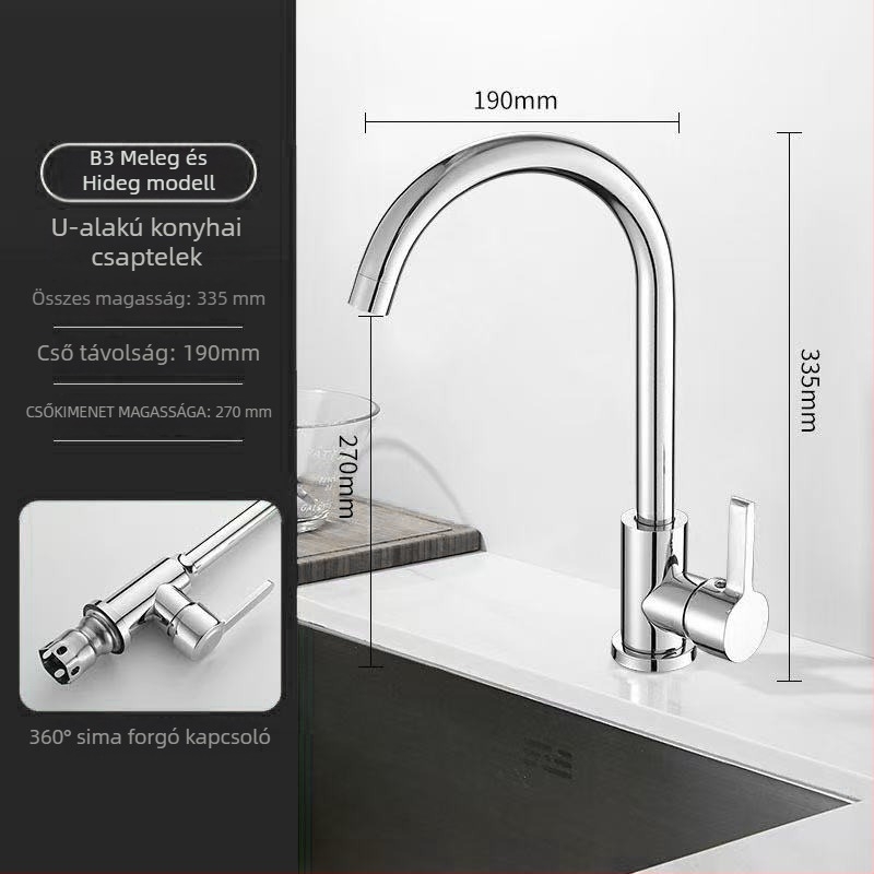 Rozsdamentes acél konyhai mosogató-keverőcsap, kerámia szeleppel, 32 mm ülésátmérő, 4 mm bemeneti/kimeneti cső, modell S5-1