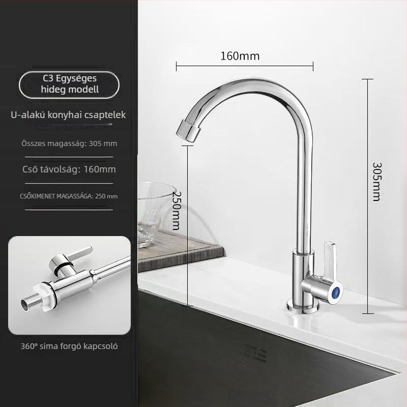 Rozsdamentes acél konyhai mosogató-keverőcsap, kerámia szeleppel, 32 mm ülésátmérő, 4 mm bemeneti/kimeneti cső, modell S5-1