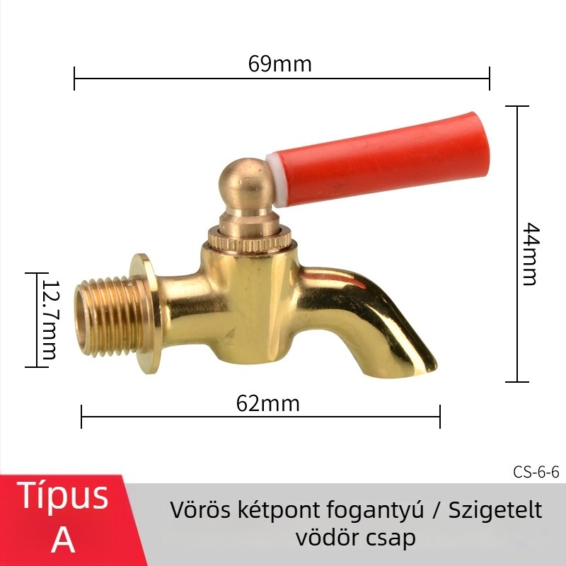 Elektromos forróvíz csap izolált vödörhöz — réz test, sárgaréz szelepmag, csavaros szerelés, Ø20 mm bemenet/kimenet, működési hőmérséklet 120°C