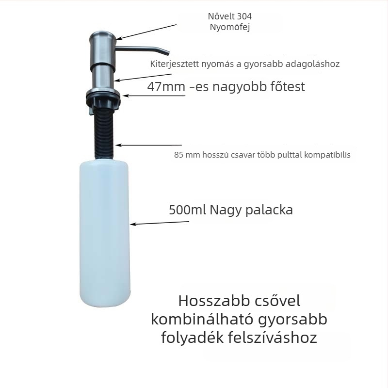 304 rozsdamentes acél szappanadagoló hosszított pumpamechanizmussal, kézi nyomásos működés, modern minimalist stílus