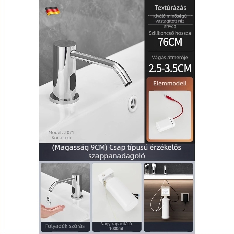 Indukciós szappanadagoló mosogatóhoz | rozsdamentes acél, krómozott felület, modern minimalista stílus (Anyag: rozsdamentes acél; Felület: krómozott; Funkció: indukció; Tömeg: 1000 g)