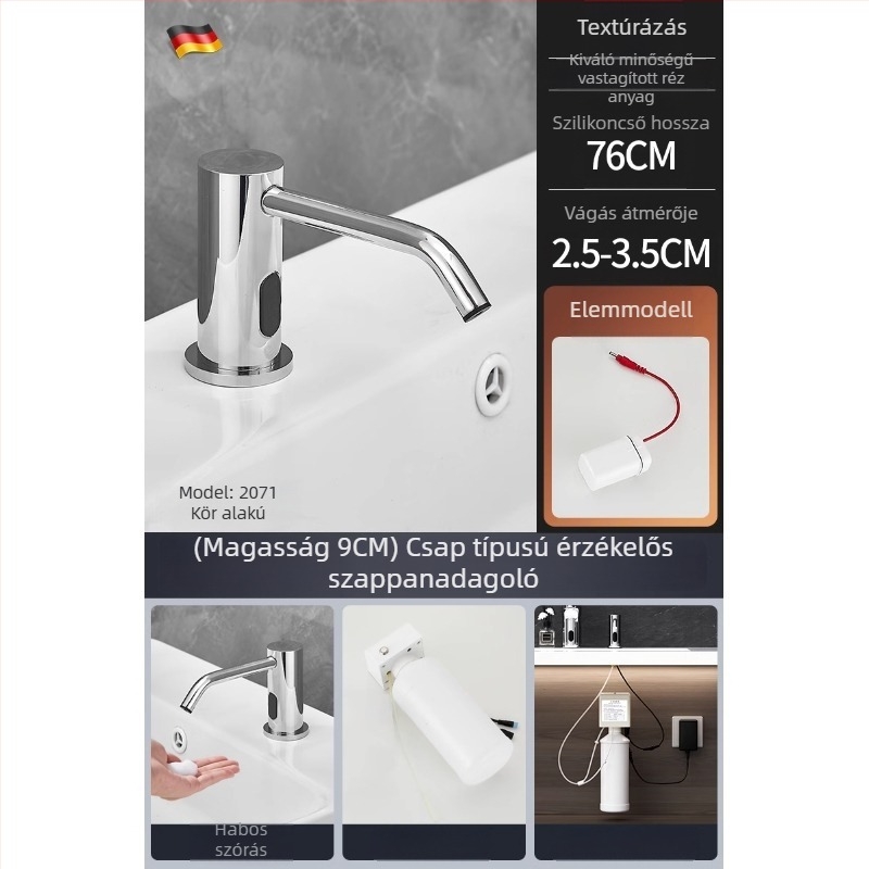 Indukciós szappanadagoló mosogatóhoz | rozsdamentes acél, krómozott felület, modern minimalista stílus (Anyag: rozsdamentes acél; Felület: krómozott; Funkció: indukció; Tömeg: 1000 g)