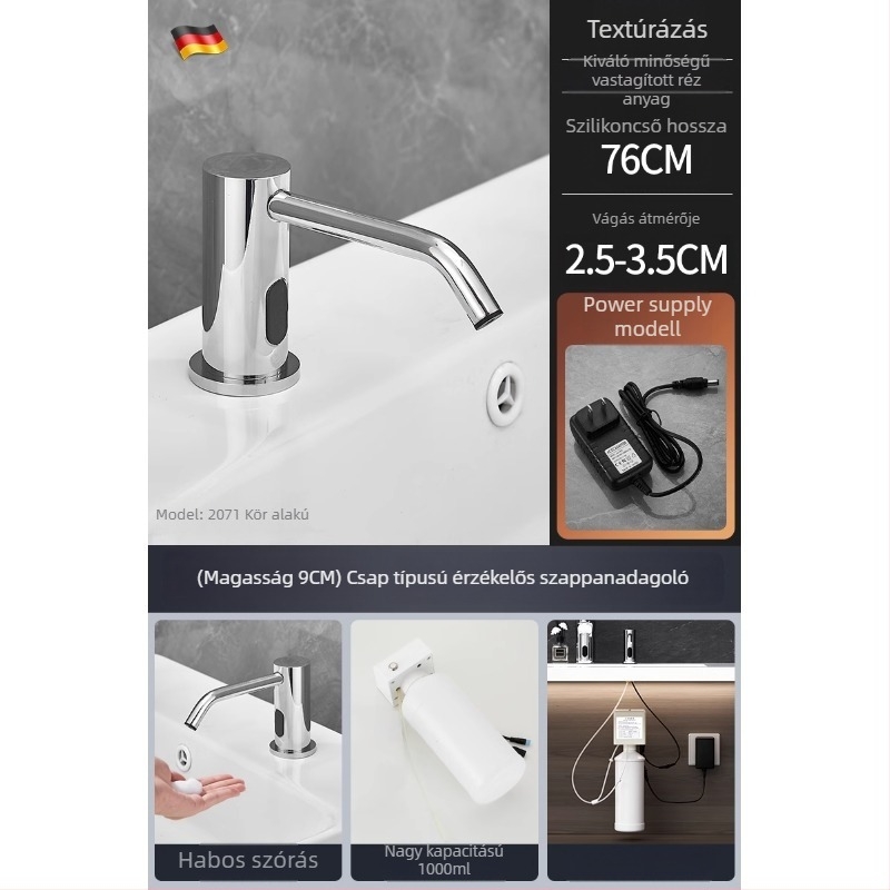 Indukciós szappanadagoló mosogatóhoz | rozsdamentes acél, krómozott felület, modern minimalista stílus (Anyag: rozsdamentes acél; Felület: krómozott; Funkció: indukció; Tömeg: 1000 g)