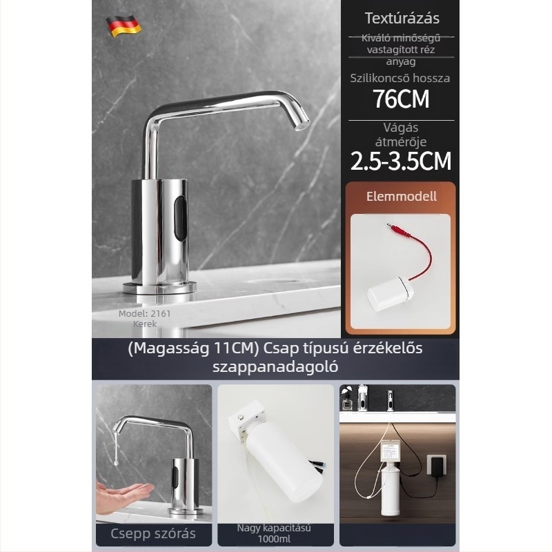 Indukciós szappanadagoló mosogatóhoz | rozsdamentes acél, krómozott felület, modern minimalista stílus (Anyag: rozsdamentes acél; Felület: krómozott; Funkció: indukció; Tömeg: 1000 g)