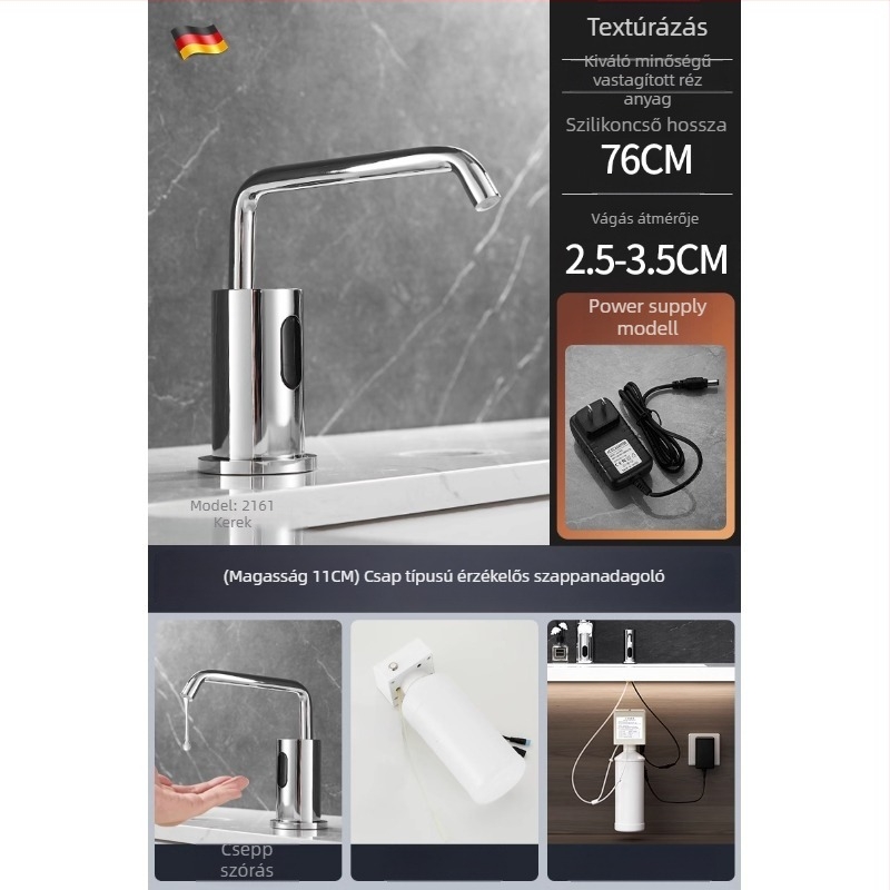 Indukciós szappanadagoló mosogatóhoz | rozsdamentes acél, krómozott felület, modern minimalista stílus (Anyag: rozsdamentes acél; Felület: krómozott; Funkció: indukció; Tömeg: 1000 g)