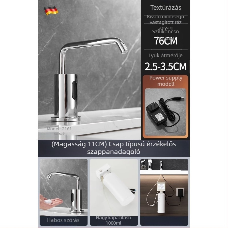 Indukciós szappanadagoló mosogatóhoz | rozsdamentes acél, krómozott felület, modern minimalista stílus (Anyag: rozsdamentes acél; Felület: krómozott; Funkció: indukció; Tömeg: 1000 g)