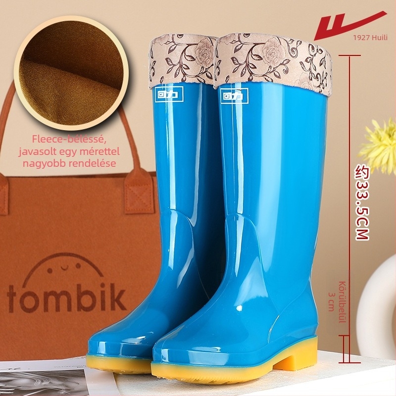 Női esőcsizma, PVC felsőrész, magas szár, vastagított talp, alacsony sarok 1–3 cm, négy évszakos