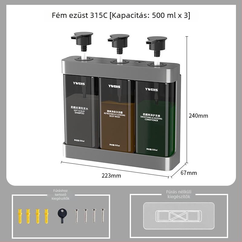 Fali adagoló tusfürdőhöz, szappanhoz és kézfertőtlenítőhöz — ABS műanyag, nyomásra működik, fúrás nélkül, 700 g