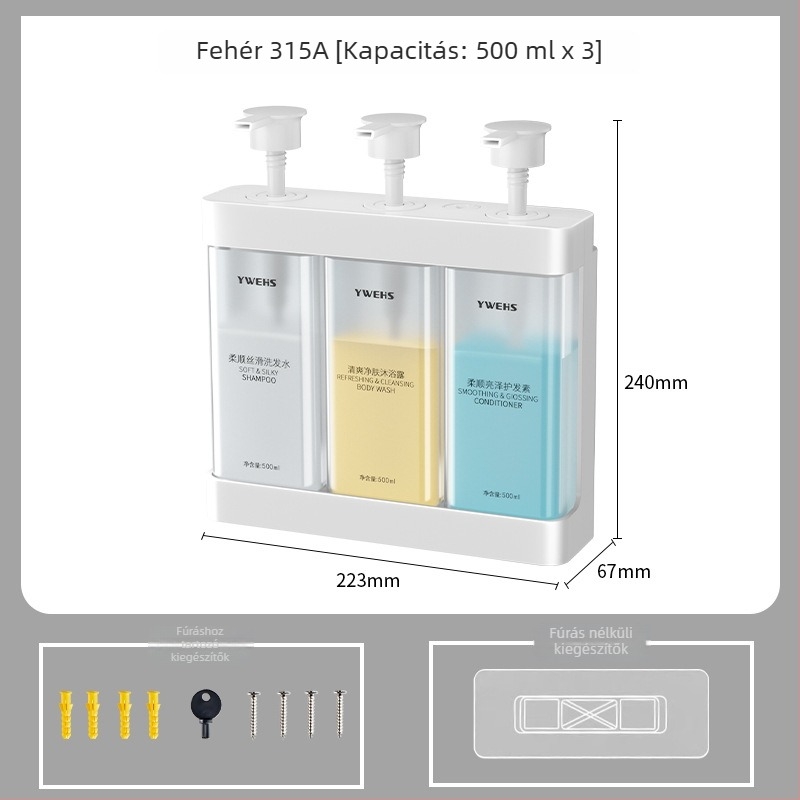 Fali adagoló tusfürdőhöz, szappanhoz és kézfertőtlenítőhöz — ABS műanyag, nyomásra működik, fúrás nélkül, 700 g