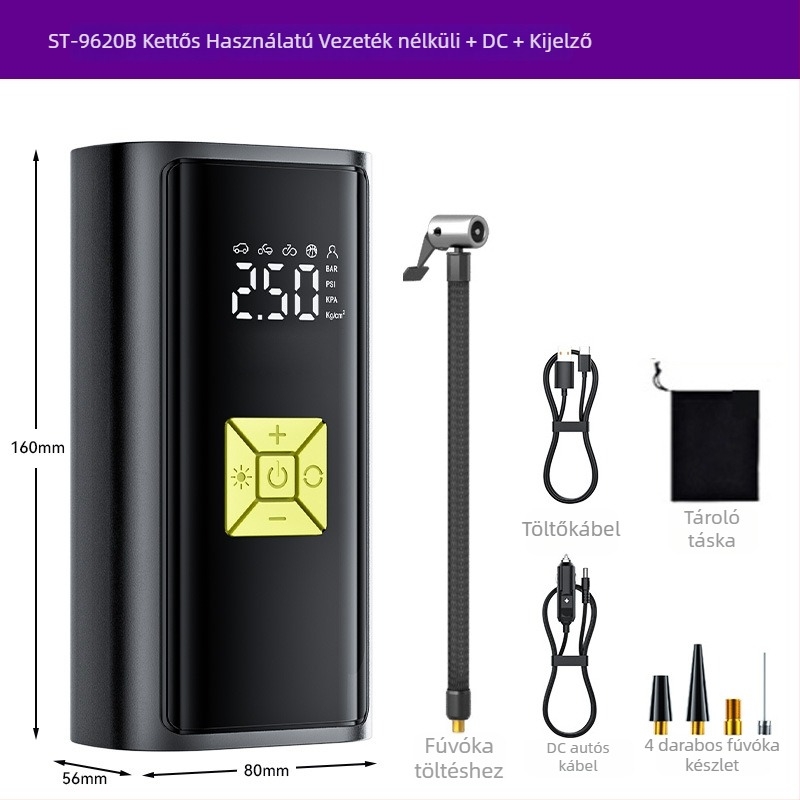 Hordozható vezeték nélküli autó légpumpa digitális kijelzővel — 120W, 35 L/min, nagy nyomású