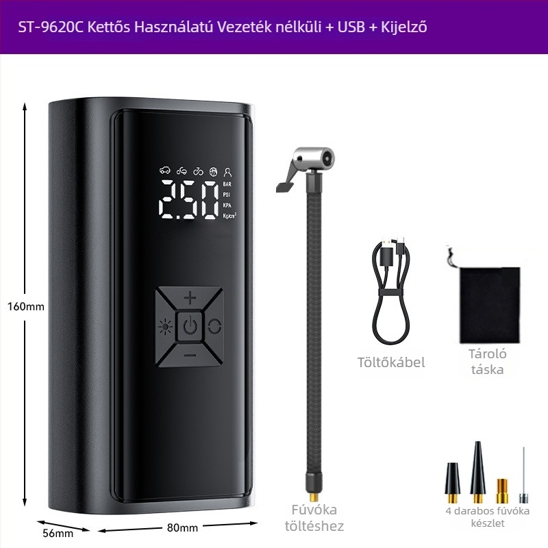 Hordozható vezeték nélküli autó légpumpa digitális kijelzővel — 120W, 35 L/min, nagy nyomású
