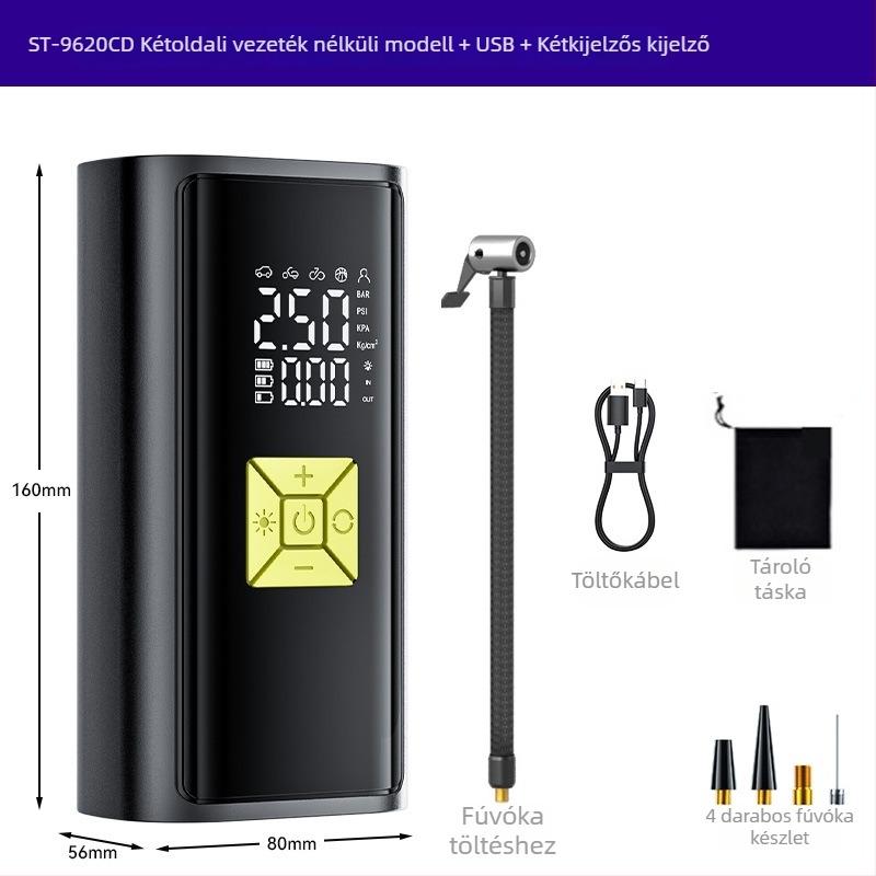 Hordozható vezeték nélküli autó légpumpa digitális kijelzővel — 120W, 35 L/min, nagy nyomású
