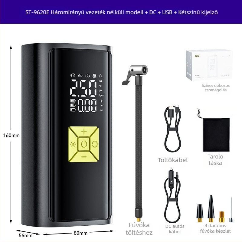 Hordozható vezeték nélküli autó légpumpa digitális kijelzővel — 120W, 35 L/min, nagy nyomású