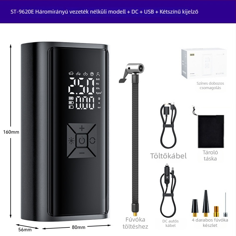 Hordozható vezeték nélküli autó légpumpa digitális kijelzővel — 120W, 35 L/min, nagy nyomású