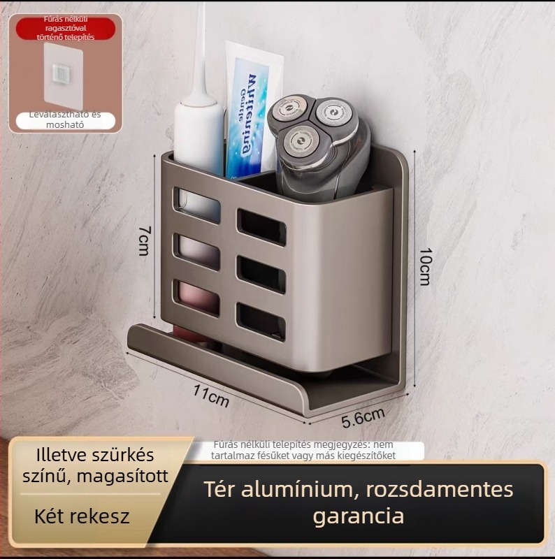 Falra szerelhető fürdőszobai tárolóegység fogkefék, fogkrém, borotvák és fésűk számára; alumínium, egylépcsős, teherbírás 1–5 kg, modern minimalist stílus