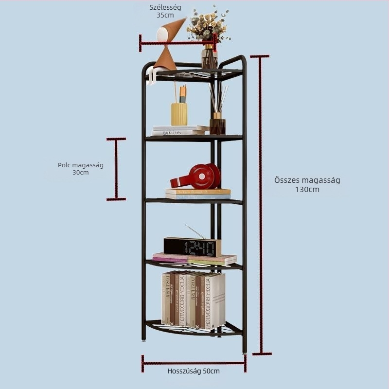 Padlón álló fürdőszobai tároló, háromszög alakú, 5 szint, 304 rozsdamentes acél, felület: műanyag porlasztott bevonat, CE tanúsítvány