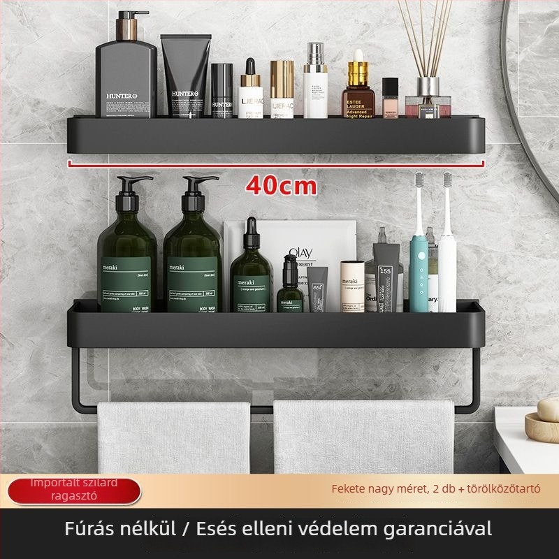 Fali fürdőszobai tároló, fúrás nélkül, Nordic stílus, vasból, 1 polc, max terhelés 1 kg, felület: spray-plasztik
