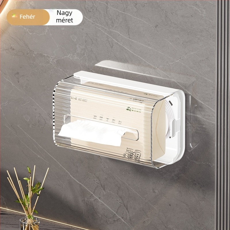 Fali papírzsebkendő-doboz, műanyag, vízálló, multifunkcionális, furatmentes szerelés