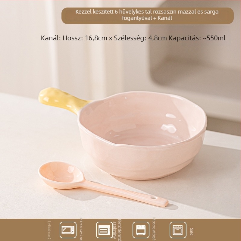 Kerámiás tál színblokkal ellátott fogantyúval — aszimmetrikus alak, egyszínű minta, mikróban is használható, modern minimalista stílus, egy adaghoz