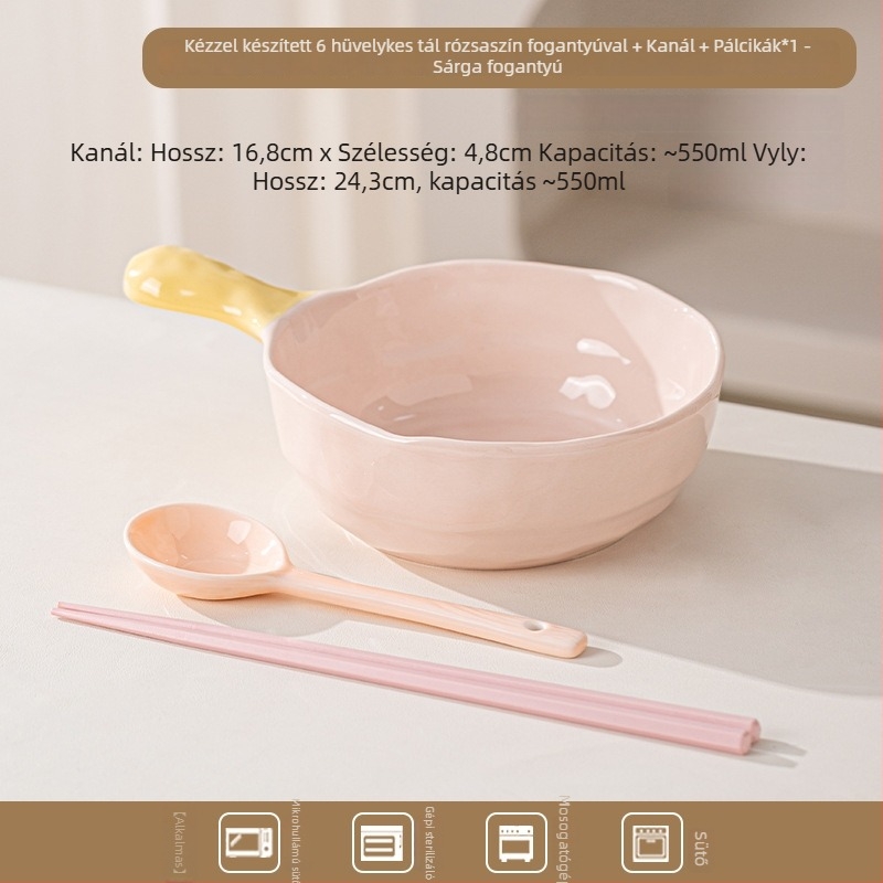 Kerámiás tál színblokkal ellátott fogantyúval — aszimmetrikus alak, egyszínű minta, mikróban is használható, modern minimalista stílus, egy adaghoz