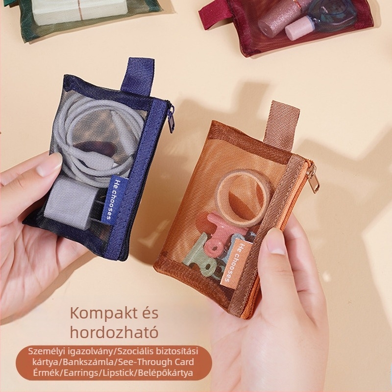 Átlátszó nejlon hálós tároló táska cipzárral, ferde alakú – hordozható szervező kozmetikumok, játékok, érmék, kulcsok és kártyák számára (Kód: Wsb-02)
