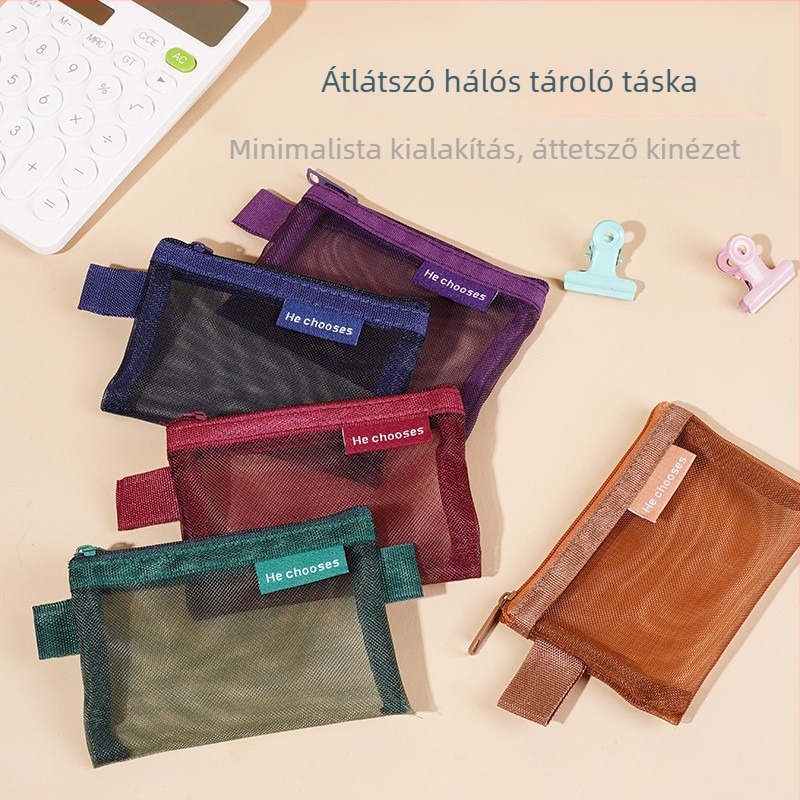 Átlátszó nejlon hálós tároló táska cipzárral, ferde alakú – hordozható szervező kozmetikumok, játékok, érmék, kulcsok és kártyák számára (Kód: Wsb-02)
