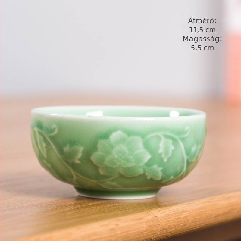 Longquan Celadon porcelán levesestál, nagy vastagfalú, kör alakú, Celadon máz, virágos minta, mikrohullámú sütőben használható.