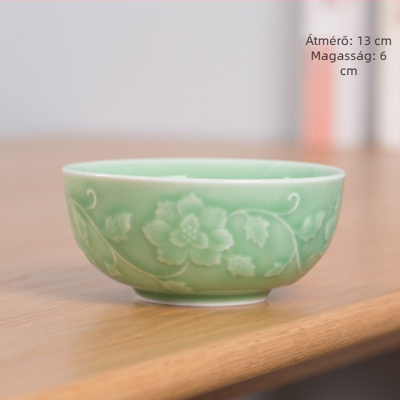 Longquan Celadon porcelán levesestál, nagy vastagfalú, kör alakú, Celadon máz, virágos minta, mikrohullámú sütőben használható.