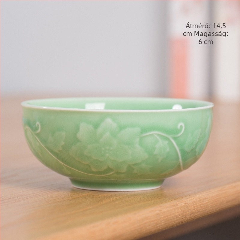 Longquan Celadon porcelán levesestál, nagy vastagfalú, kör alakú, Celadon máz, virágos minta, mikrohullámú sütőben használható.