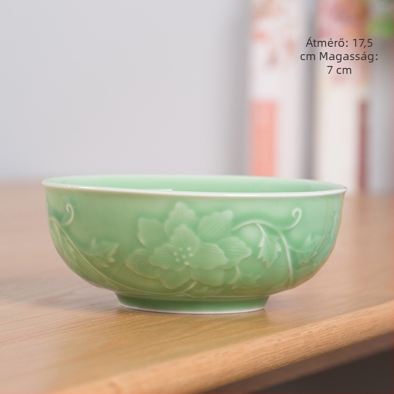 Longquan Celadon porcelán levesestál, nagy vastagfalú, kör alakú, Celadon máz, virágos minta, mikrohullámú sütőben használható.