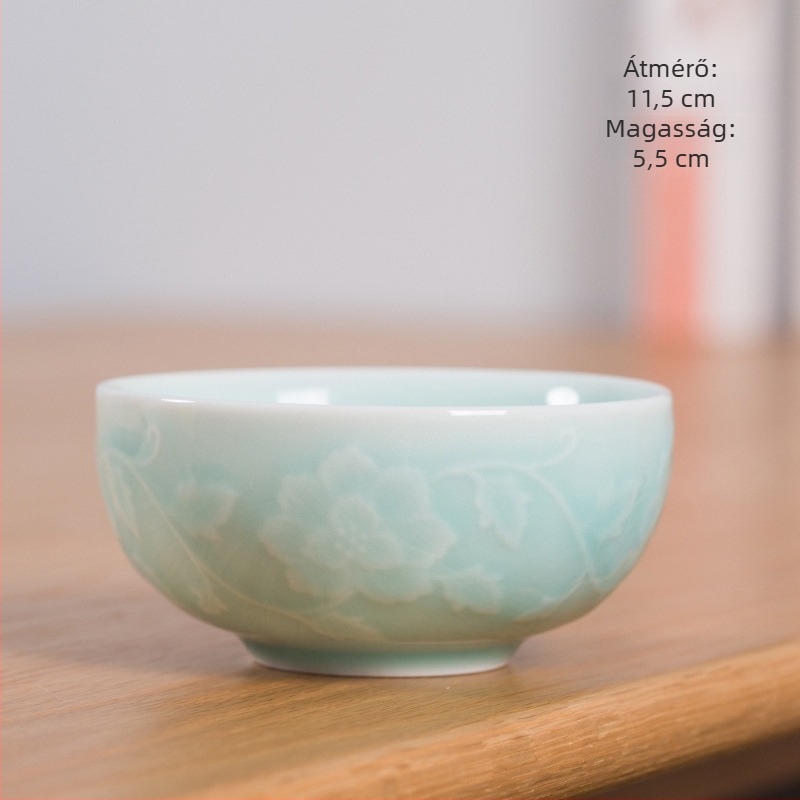 Longquan Celadon porcelán levesestál, nagy vastagfalú, kör alakú, Celadon máz, virágos minta, mikrohullámú sütőben használható.