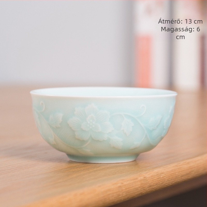 Longquan Celadon porcelán levesestál, nagy vastagfalú, kör alakú, Celadon máz, virágos minta, mikrohullámú sütőben használható.