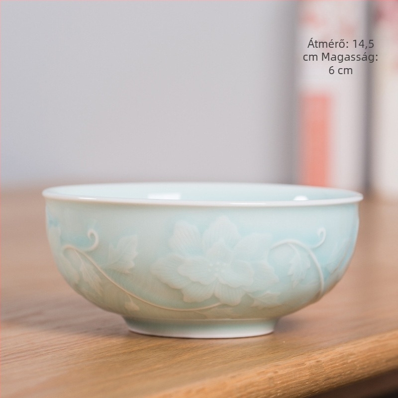 Longquan Celadon porcelán levesestál, nagy vastagfalú, kör alakú, Celadon máz, virágos minta, mikrohullámú sütőben használható.
