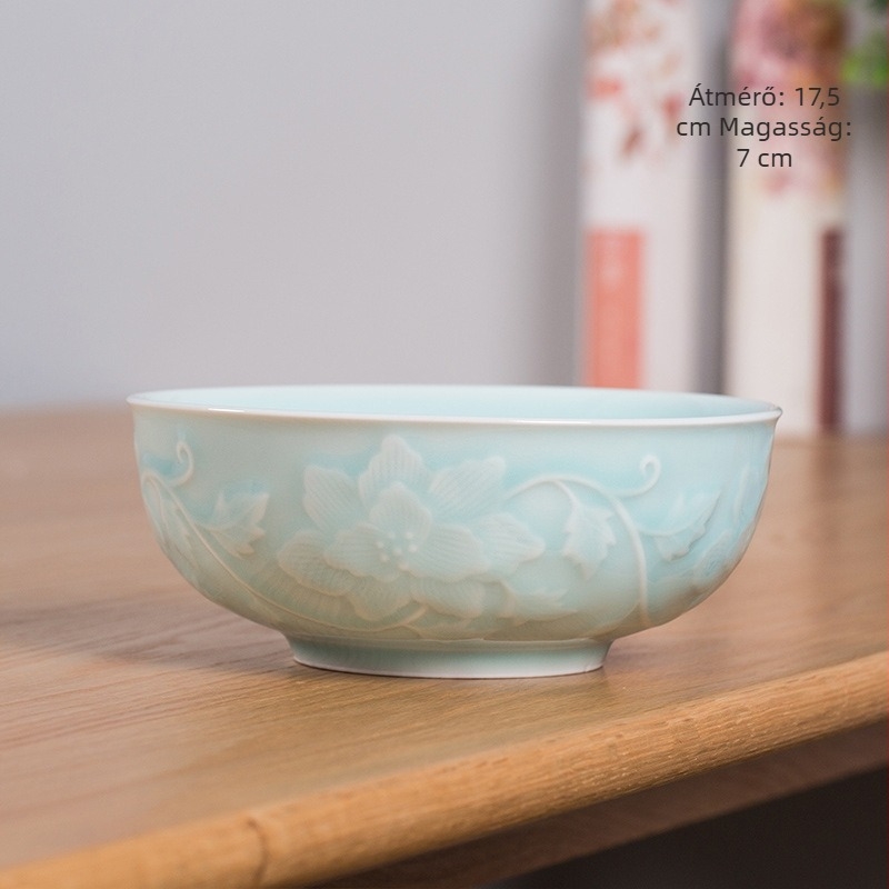 Longquan Celadon porcelán levesestál, nagy vastagfalú, kör alakú, Celadon máz, virágos minta, mikrohullámú sütőben használható.