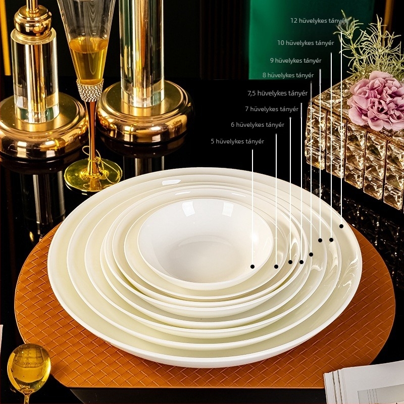 Jin Yuze csontporcelán tányér — kör alakú porcelántányér, egyszínű dizájn, modern minimalistikus stílus, mikrohullámú sütőben használható
