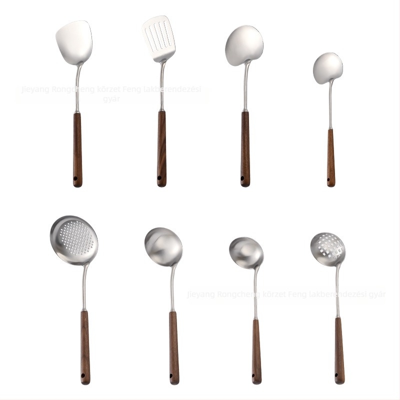 Kanál és spatula készlet – diófából készült nyél, 304 rozsdamentes acél fej, mélyfazék kanál, gomba főzéshez