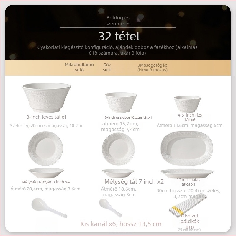 Porcelán étkészlet – tál, tányér és evőpálcikák, északi stílus, kör alakú, alsóglazúr díszítés, mikrohullámú sütőben használható