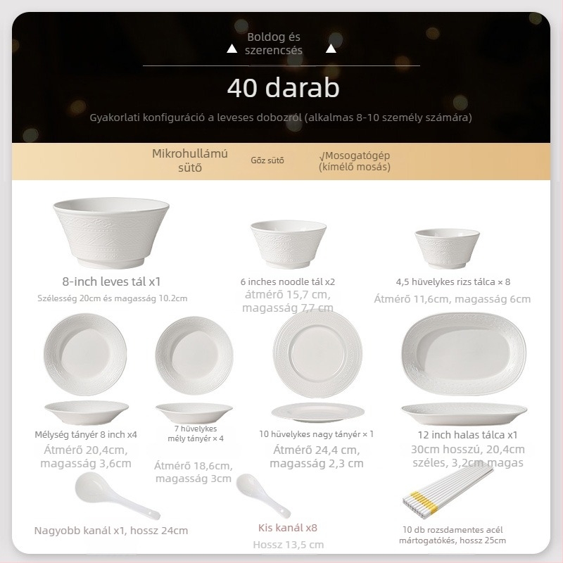 Porcelán étkészlet – tál, tányér és evőpálcikák, északi stílus, kör alakú, alsóglazúr díszítés, mikrohullámú sütőben használható